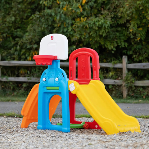 Colorful kids indoor outdoor playset with slide, climbing wall, basketball hoop for toddlers aged 2 to 6 years old backyard playground