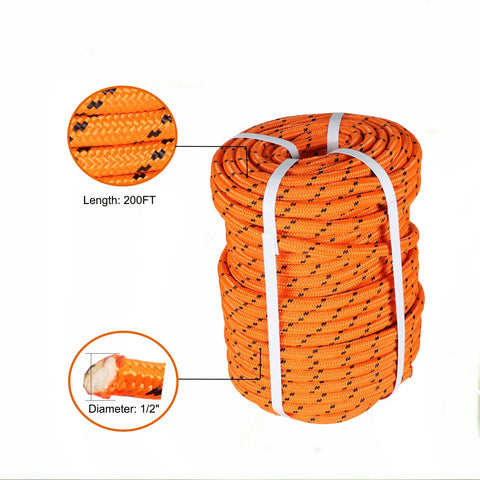 Tough As Nails Half Inch By 200 Feet Double Braid Polyester Rope For Arborist Rigging And Multipurpose Bull Rope Perfect For Farm Boat Or Ranch Use Orange, coiled with close-up on texture.