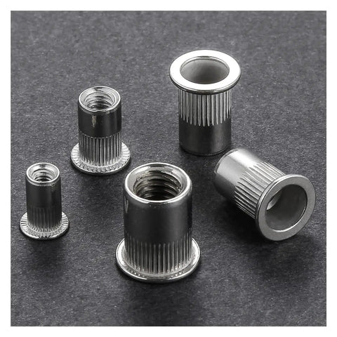 Twenty Pieces 304 Stainless Steel Flat Head Threaded Inserts With Knurled Body For Heavy Duty Metal Work and Punched Hole Strength Installation That Holds Tight, assorted sizes.