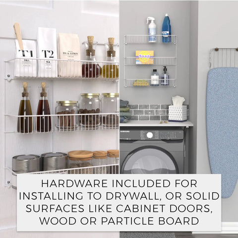 Top Shelf 3 Tier Wall Mounted Metal Rack For Kitchen Pantry Organization Keeps Your Space Slick With Rock Solid Storage For Cans Cleaners And Toiletries In A Clean White Build, featuring organized jars and spray bottles.