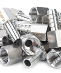 Premium 316 Stainless Steel Barb Coupler 3/8 In Hose Id With 1/4 In Female Npt Thread Fitting on a pile of fittings.