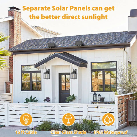 Solar Powered Outdoor Light With Motion Sensor And Dual E26 Bulbs showcasing IP65 Waterproof Split Design on house facade.
