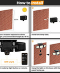 Step-by-step installation guide for Outdoor Solar Flood Lights 210 LED 2500LM Three Head Motion Sensor on a brick wall.