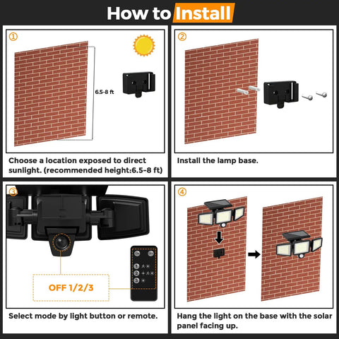 Step-by-step installation guide for Outdoor Solar Flood Lights 210 LED 2500LM Three Head Motion Sensor on a brick wall.