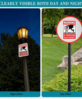 Day and night view of Private Property No Trespassing Sign Bundle Of Rustproof Aluminum With Reflective Film on a pole.