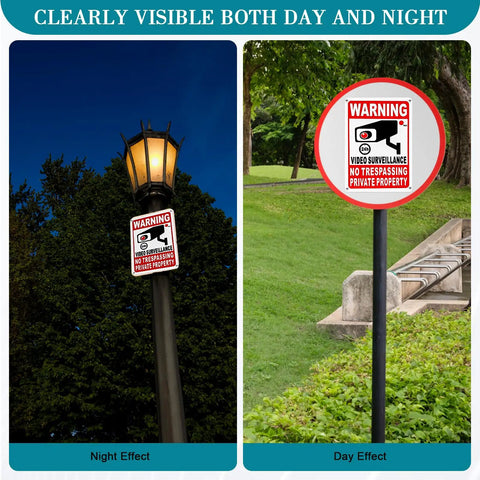 Day and night view of Private Property No Trespassing Sign Bundle Of Rustproof Aluminum With Reflective Film on a pole.