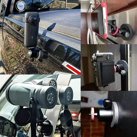Collage showing 60lb Magnetic Camera Mount With Mini Ball Head Rubber Coated Neodymium Magnet Quarter Inch 20 Tpi Male Thread Stud Heavy Duty Base used in various setups indoors and outdoors.