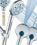 High Pressure 10 Setting Handheld Showerhead With Built In Filter Removes Chlorine Soothes Dry Skin Revives Hair Power Wash Cleans Tub Tile And Pets Hard Water Softener Chrome showing water spray and filter cartridge.