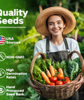 Smiling woman holding a basket of vegetables in a garden, promoting Year Round Seed Bank For Zone 9 Gardeners With 32 Non GMO Heirloom Seeds