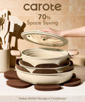 25 Piece Ceramic Cookware Set With Removable Handles, Nonstick Pots and Pans stacked for space saving