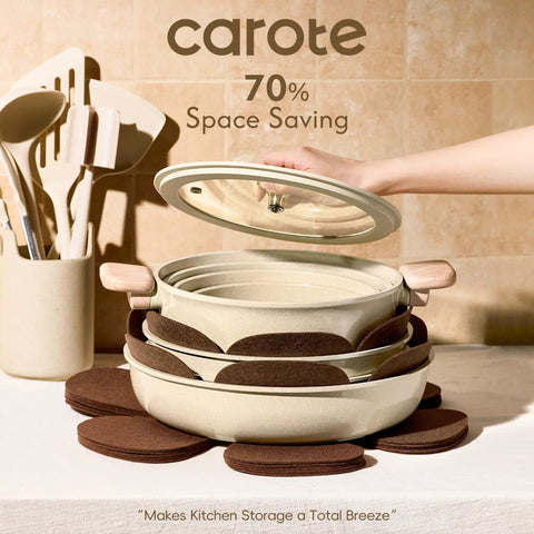 25 Piece Ceramic Cookware Set With Removable Handles, Nonstick Pots and Pans stacked for space saving