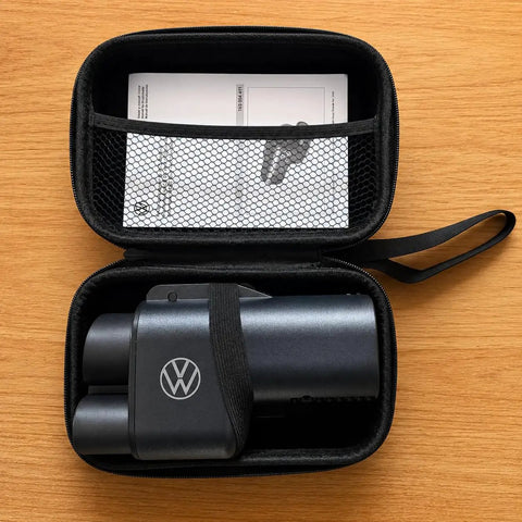 Tesla NACS To CCS1 Adapter Storage Case Eva Nylon Protective Gear Bag With Sturdy Handle, holding adapter and manual inside.