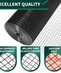 Tough As Nails Half Inch Openings 19 Gauge Black Vinyl Coated Hardware Cloth 16 X 25 Ft Roll, showing waterproof and rustproof mesh.