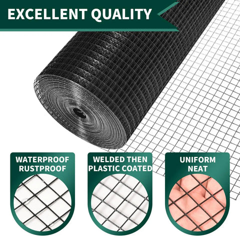 Tough As Nails Half Inch Openings 19 Gauge Black Vinyl Coated Hardware Cloth 16 X 25 Ft Roll, showing waterproof and rustproof mesh.