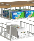 Hella Versatile Two Pack Under Shelf Wire Baskets White Metal Drop Down Organizers holding sandwich boxes and tea bags.
