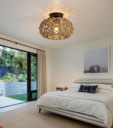 Dope Boho Semi Flush Mount Ceiling Light With Woven Hemp Rope Cage And Rattan Wicker Rustic Charm in bedroom setting