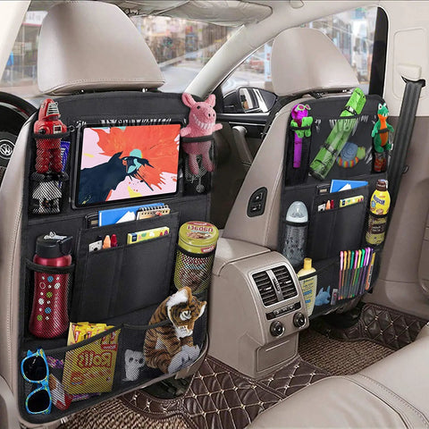 Backseat Organizer With 10 Inch Table Holder And Nine Storage Pockets Seat Back Protectors For Kids And Toddlers Kid Approved Car Travel Gear Durable Waterproof 2 Pack attached to car seats