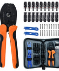 All-In-One Solar Crimp Tool Kit 13 Piece Set For Panel Wiring And Installation with orange crimper and black connectors