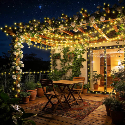 Patio decorated with 1000 LED Christmas String Lights Outdoor 403 Ft With 8 Lighting Modes IP44 Waterproof Fairy Lights