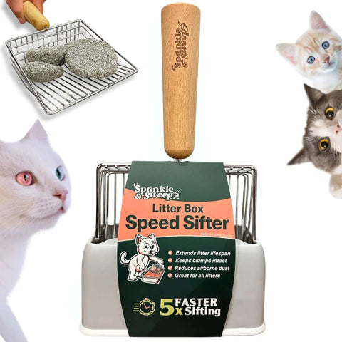 5X Faster No Shake Metal Cat Litter Scoop With Stainless Steel Sifting Design And Holder, hygienic dock stand, surrounded by cats