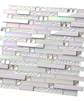Modern Iridescent Glass Metal Mosaic Tile Backsplash For Kitchen And Bathroom White Silver Linear Wall Tiles For Shower Fireplace And Accent Wall 5 Square Feet showing reflective white and silver tiles.