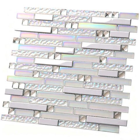 Modern Iridescent Glass Metal Mosaic Tile Backsplash For Kitchen And Bathroom White Silver Linear Wall Tiles For Shower Fireplace And Accent Wall 5 Square Feet showing reflective white and silver tiles.