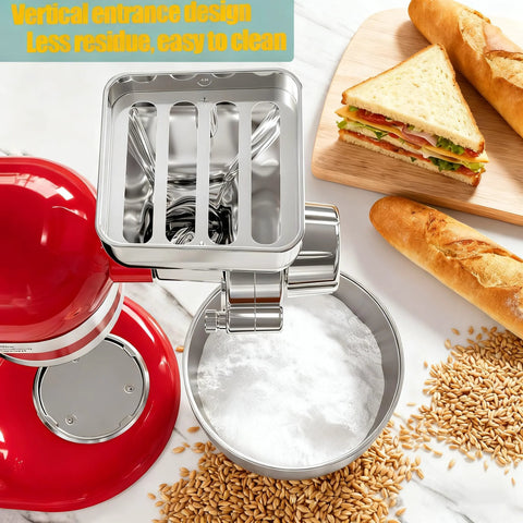 Metal grain mill attachment installed on a red KitchenAid stand mixer; 12-level grind, all-metal construction