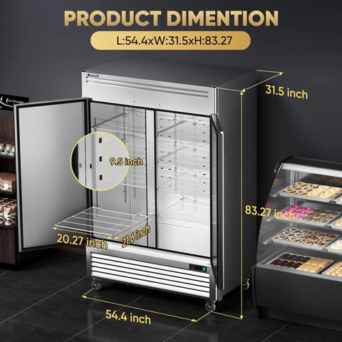 Tough As Nails 54 Inch Commercial Freezer 49 Cubic Feet dimensions showing size and features of two door stainless steel cabinet.