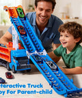 Father and son playing with Race Track Truck Toy Set For Kids Aged 3 To 6 Years Old Four In One Carrier Truck Includes Six Die Cast Cars