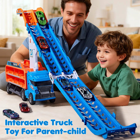 Father and son playing with Race Track Truck Toy Set For Kids Aged 3 To 6 Years Old Four In One Carrier Truck Includes Six Die Cast Cars