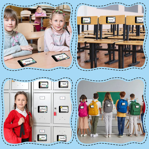 144 Piece Composition Name Tag Stickers for Students Classroom Decor in Six Styles on desks and lockers in school setting.