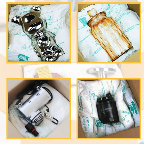 Expandable Packing Foam For Electronics And Irregular Shapes Built To Shield Your Gear With Super Tough Shockproof Moldable Cushioning For PCs Tablets Glassware And Fragile Items 14x16 Inch Protective Packing 10 Pack For Easy Shipping showing foam cushioning protecting various fragile items.