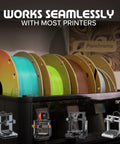 Polymaker Panchroma Matte PLA filament spools on display, 5 spools in assorted colors