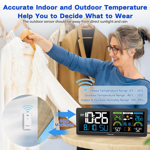 Woman using Wireless Remote Outdoor Sensor For Weather Stations, Outdoor Temperature And Humidity Monitor, 200 Ft Transmission, Replacement Sensor For Indoor Outdoor Thermometers, Requires 2 AAA Batteries, Compatible With Popular Weather Station Models in a home setting.
