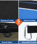 Collage of features for 6 Pack Zipper Tool Pouches Set, showing waterproof lining, reflective strips, smooth zipper, and carabiner attachment.
