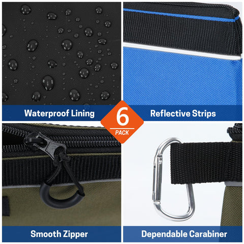 Collage of features for 6 Pack Zipper Tool Pouches Set, showing waterproof lining, reflective strips, smooth zipper, and carabiner attachment.