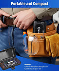 Precision Magnetic Screwdriver Set With S2 Steel Bits And Aluminum Handle in a hand tool belt, showing compact storage case and gloves.