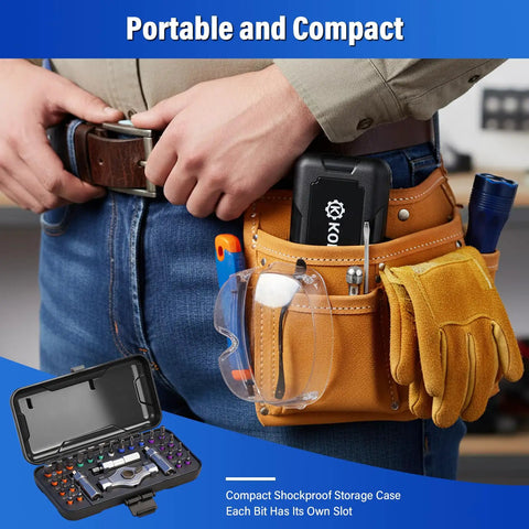 Precision Magnetic Screwdriver Set With S2 Steel Bits And Aluminum Handle in a hand tool belt, showing compact storage case and gloves.