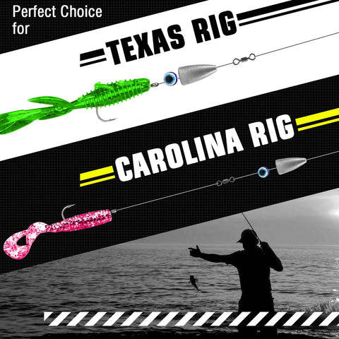 Fishing lure setup showing Texas rig and Carolina rig with Bullet Drop Weights Sinkers Kit For Saltwater And Freshwater Fishing.