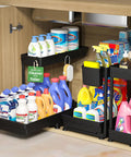 3 Pack L Shaped Under Sink Organizers With Real Smooth Glide Drawers To Toss The Clutter Out Of Deep Cabinets This Smart Corner Setup Does Heavy Lifting In Any Tight Kitchen Or Bath with cleaning products stored.
