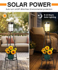 Day and night view of 2 Pack Outdoor Solar Lights With Plant Stand And Tall Metal Planter Holder for patio garden decor