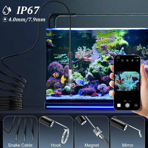 Borescope Camera With Light For Home And Auto Inspections, 7.9mm Tube, 1920P HD Image in aquarium setting with smartphone
