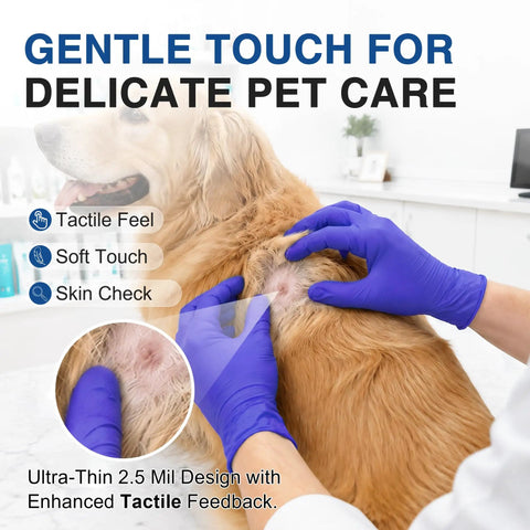 Rock Solid Dark Blue Nitrile Exam Gloves 100 Pack Powder Free And Latex Free Medical Grade Disposable Gear used for gentle pet care.