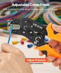 No Sweat Ratcheting Wire Crimper Pliers For 24 To 12 AWG Terminals With Quick Release And Clear Metric Markings shown in use.