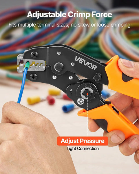 No Sweat Ratcheting Wire Crimper Pliers For 24 To 12 AWG Terminals With Quick Release And Clear Metric Markings shown in use.