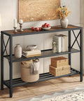 Hella Sturdy Industrial Console Table With Three Tier Open Shelving Slick Black Metal Frame And Rustic Brown Wood Top, 42x12 inches.