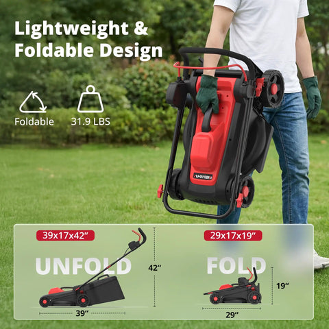 Powerful 12.5 Amp Two In One Corded Electric Lawn Mower With 14 Inch Deck, 3400 RPM, Easy Push Design For Small To Medium Yards, Mulch Or Bag Options, No Gas, Quiet, Durable, High Performance Yard Care. Folded compact electric mower shown as lightweight 31.9 lbs