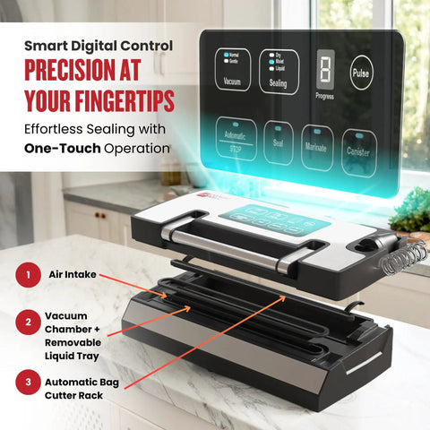 Heavy Duty Vacuum Sealer Machine Packing 90Kpa Suction And Double Seal To Keep Your Groceries Farm Fresh built on a marble countertop with smart controls.