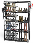Tall Garage Shoe Rack Holds 28 To 32 Pairs Shoes And Boots With Two Rows And Versatile Hooks In Black, 9-tier organizer in use
