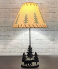 Two Piece Rustic Cabin Table Lamp Set With Cast Iron Bear And Forest Scene, Pine Tree Details, 24.5 Inch Tall Lamps, 14 Inch Shade Included